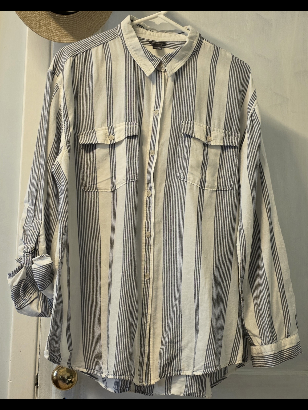 Eddie Bauer Women's Long-Sleeve Button-Down Shirt - White & Navy Stripe